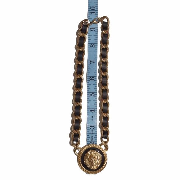 Gold Lions Face Medallion Necklace Black Leather Braided Chain Pendent Statement - Picture 8 of 8